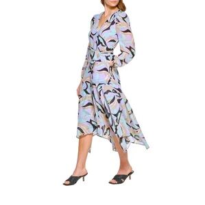 Calvin Klein Dress Size 4 Faux Wrap Muted Pastel Psychedelic Print NWT